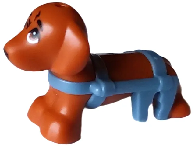 Dog, Friends Style, Dachshund with Molded Sand Blue Wheelchair Harness and Printed Eyes, Black Nose, and Scratches Pattern (Pickle)