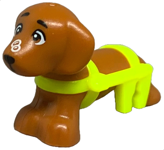 Dog, Friends Style, Dachshund with Molded Neon Yellow Wheelchair Harness and Printed Eyes, Black Nose and White Bubbles Pattern (Pickle)