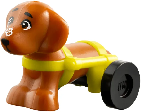 Dog, Friends Style, Dachshund with White Bubbles on Nose and Neon Yellow Wheelchair Harness with Black Wheels (Pickle)
