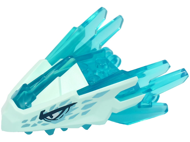 Dragon Head (Ninjago) Jaw with Spikes, 4 Studs and 2 Bar Handles with Molded Light Aqua Face and Printed Eyes and Metallic Light Blue Scales Pattern