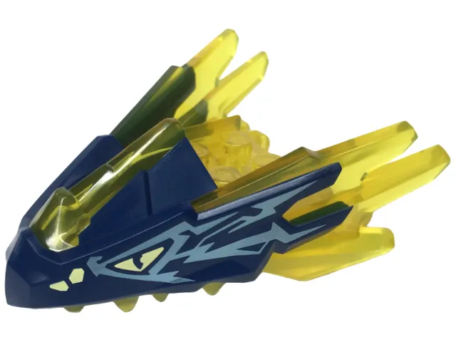 Dragon Head (Ninjago) Jaw with Spikes, 4 Studs and 2 Bar Handles with Molded Dark Blue Face and Printed Bright Light Yellow Eyes and Metallic Light Blue Markings Pattern