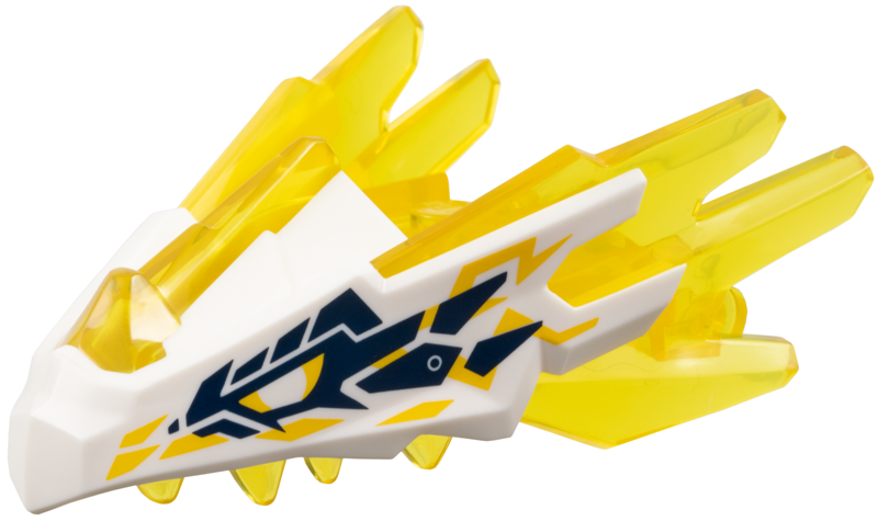 Dragon Head (Ninjago) Jaw with Spikes, 4 Studs and 2 Bar Handles with Molded White Face and Printed Yellow Lightning, Dark Blue Markings Pattern