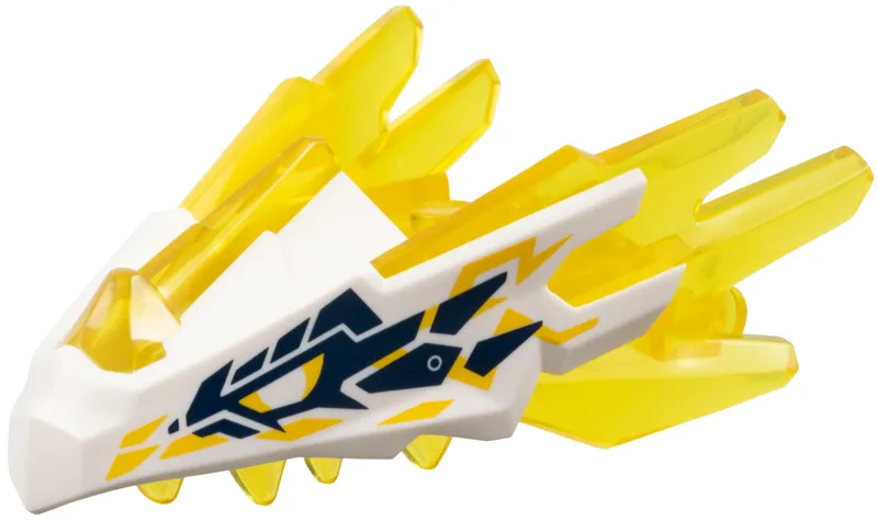 Dragon Head (Ninjago) Jaw with Spikes, 4 Studs and 2 Bar Handles with Molded White Face and Printed Yellow Lightning, Dark Blue Markings Pattern