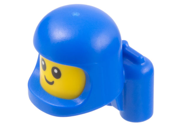 Minifigure, Head, Modified Baby / Toddler with Molded Blue Space Helmet and Air Tanks and Printed Black Grin and Eyes with White Glints Pattern
