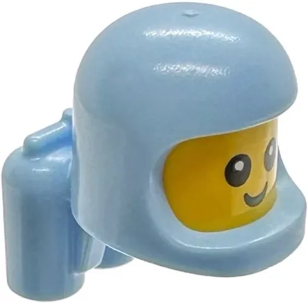 Minifigure, Head, Modified Baby / Toddler with Molded Bright Light Blue Space Helmet and Air Tanks and Printed Black Grin and Eyes with White Glints Pattern