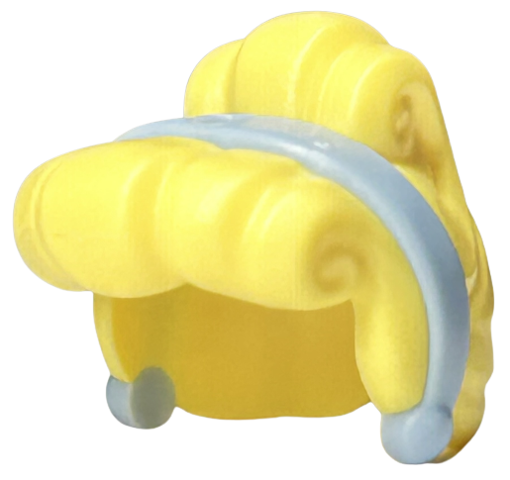 Minifigure, Hair Female Curled Fringe and Bun, Hole on Top with Molded Bright Light Blue Band and Earrings Pattern