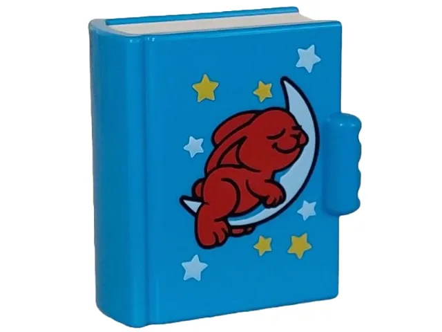 Duplo Utensil Book with Molded White Pages and Printed White and Yellow Stars, Crescent White Moon with Dark Red Sleeping Bunny / Rabbit Pattern