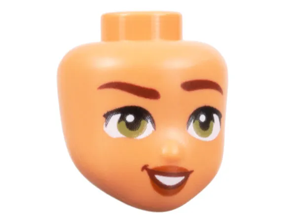 Mini Doll, Head Friends with Reddish Brown Eyebrows Raised, Olive Green Eyes, Dark Orange Lips, and Lopsided Open Mouth Smile with Teeth Pattern
