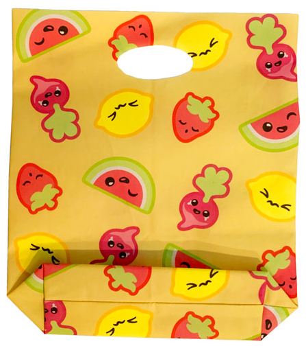 Duplo, Cloth Shopping Bag with Lemons, Radishes, Strawberries, and Watermelon Slices with Faces Pattern - Traditional Starched Fabric