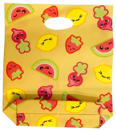 Duplo, Cloth Shopping Bag with Lemons, Radishes, Strawberries, and Watermelon Slices with Faces Pattern - Traditional Starched Fabric