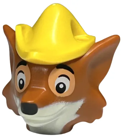 Minifigure, Head, Modified Fox with Molded Yellow Hat with Hole and Printed Black and White Eyes with Nougat Outline, Nose, Muzzle and Beard Pattern