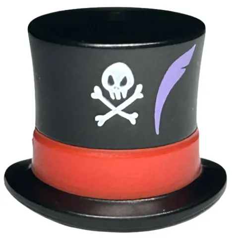 Minifigure, Headgear Hat, Top Hat Large with Molded Red Band and Printed White Skull, Crossbones, and Medium Lavender Feather Pattern