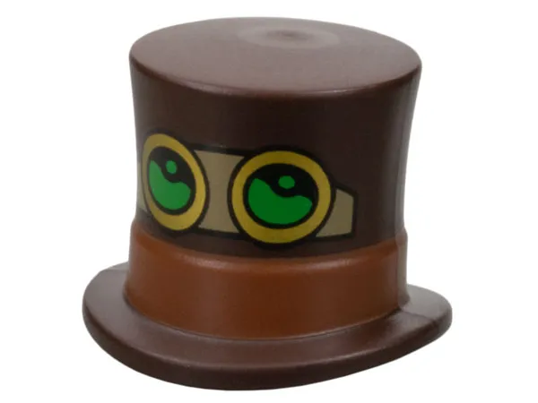 Minifigure, Headgear Hat, Top Hat Large with Molded Reddish Brown Band and Printed Black, Dark Tan and Gold Goggles with Bright Green Lenses Pattern