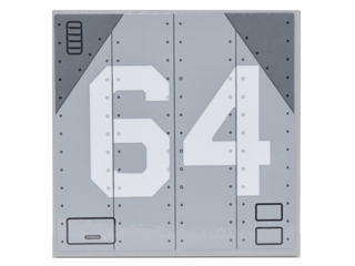 Tile 6 x 6 with Bottom Tubes with White '64' on Metal Aircraft Panels with Rivets and Dark Bluish Gray Corners Pattern (Sticker) - Set 76042