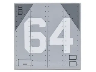Tile 6 x 6 with Bottom Tubes, Textured Surface with White '64' on Metal Aircraft Panels with Rivets and Dark Bluish Gray Corners Pattern (Sticker) - Set 76042