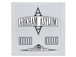 Tile 6 x 6 with Bottom Tubes with Black Vents, 'ARKHAM ASYLUM', and 'GOTHAM CITY' Pattern Model Left Side (Sticker) - Set 10937