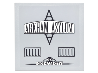 Tile 6 x 6 with Bottom Tubes with Black Vents, 'ARKHAM ASYLUM', and 'GOTHAM CITY' Pattern Model Left Side (Sticker) - Set 10937