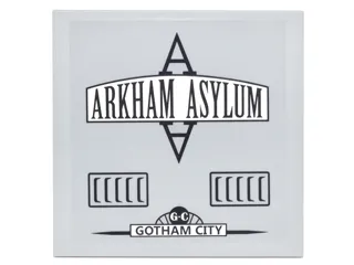 Tile 6 x 6 with Bottom Tubes, Textured Surface with Black Vents, 'ARKHAM ASYLUM', and 'GOTHAM CITY' Pattern Model Left Side (Sticker) - Set 10937