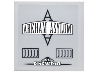 Tile 6 x 6 with Bottom Tubes with Black Vents, 'ARKHAM ASYLUM', and 'GOTHAM CITY' Pattern Model Right Side (Sticker) - Set 10937