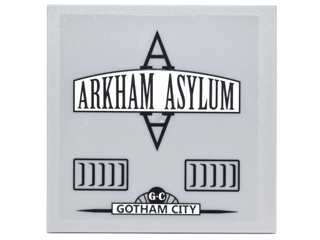 Tile 6 x 6 with Bottom Tubes with Black Vents, 'ARKHAM ASYLUM', and 'GOTHAM CITY' Pattern Model Right Side (Sticker) - Set 10937