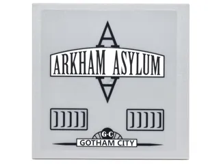 Tile 6 x 6 with Bottom Tubes, Textured Surface with Black Vents, 'ARKHAM ASYLUM', and 'GOTHAM CITY' Pattern Model Right Side (Sticker) - Set 10937