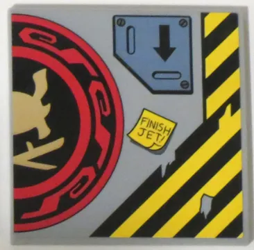 Tile 6 x 6 with Bottom Tubes, Textured Surface with Samurai Helmet and Swords in Red and Black Circle Right Half, Arrow and 'FINISH JET!' Pattern (Sticker) - Set 70596