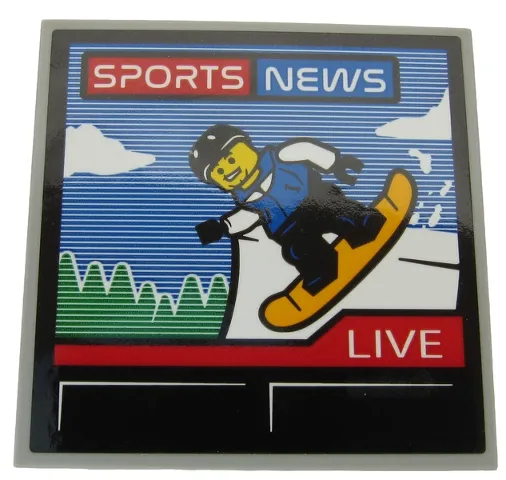 Tile 6 x 6 with Bottom Tubes, Textured Surface with TV Screen with 'SPORTS NEWS', 'LIVE' and Snowboarder Pattern (Sticker) - Set 60203