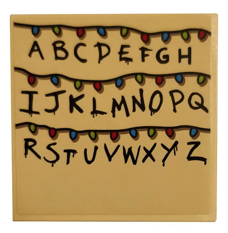 Tile 6 x 6 with Bottom Tubes, Textured Surface with Black Alphabet Letters and Multicolored Christmas Lights on Tan Background Pattern (Sticker) - Set 75810