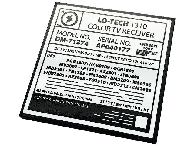 Tile 6 x 6 with Bottom Tubes, Textured Surface with TV Serial Model Number Panel 'LO-TECH 1310 COLOR TV RECEIVER' Pattern (Sticker) - Set 71374