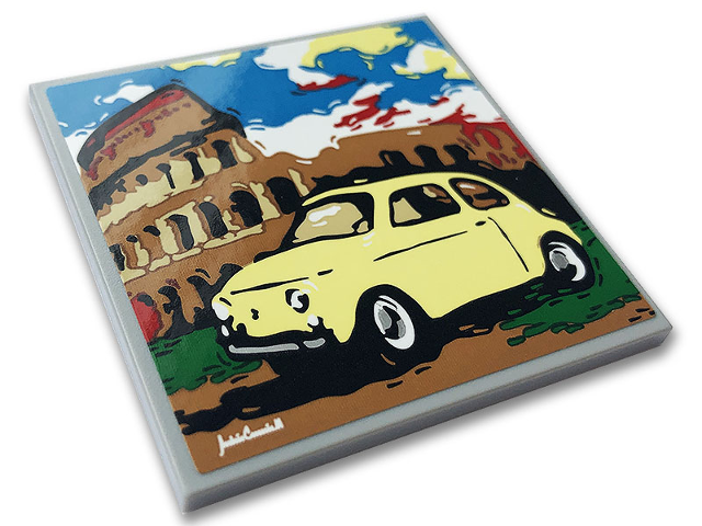 Tile 6 x 6 with Bottom Tubes with Yellow Fiat 500, Colosseum and White Signature Pattern (Sticker) - Set 10271