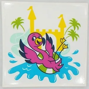 Tile 6 x 6 with Bottom Tubes, Textured Surface with Dark Pink Flamingo, Yellow Castle, Medium Azure Water, Lime Palm Trees Pattern (Sticker) - Set 41430