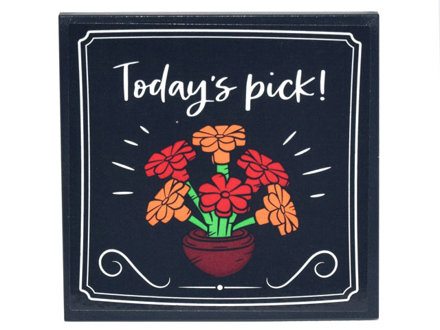 Tile 6 x 6 with Bottom Tubes with Sign, White Borders, Script 'Today's pick!' and Bowl with Red and Orange Flowers Pattern (Sticker) - Set 10290