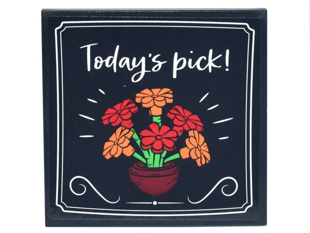 Tile 6 x 6 with Bottom Tubes, Textured Surface with Sign, White Borders, Script 'Today's pick!' and Bowl with Red and Orange Flowers Pattern (Sticker) - Set 10290