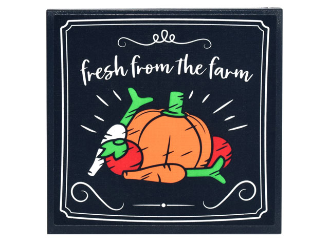 Tile 6 x 6 with Bottom Tubes with Sign, White Borders, Script 'fresh from the farm' and Pumpkin, Carrots, and Tomatoes Pattern (Sticker) - Set 10290