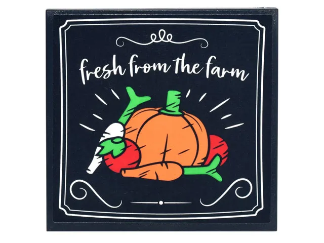 Tile 6 x 6 with Bottom Tubes, Textured Surface with Sign, White Borders, Script 'fresh from the farm' and Pumpkin, Carrots, and Tomatoes Pattern (Sticker) - Set 10290