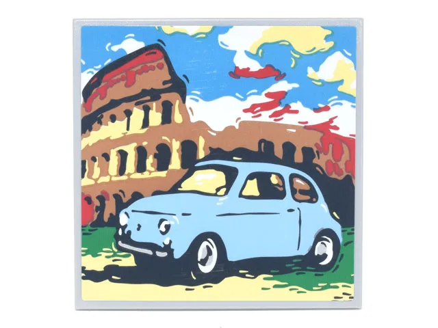 Tile 6 x 6 with Bottom Tubes, Textured Surface with Bright Light Blue Fiat 500 and Colosseum Pattern (Sticker) - Set 77942