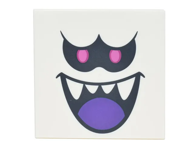 Tile 6 x 6 with Bottom Tubes, Textured Surface with Black Eyes with Dark Pink Pupils, Open Mouth Smile with Sharp Teeth and Dark Purple Tongue Pattern (Super Mario King Boo Face)