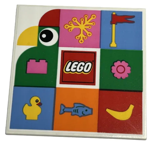 Tile 6 x 6 with Bottom Tubes, Textured Surface with LEGO Logo, Bird with Eye and Yellow Beak, Plant Leaves, Flag on Antenna, Brick, Flower, Duckling, Fish and Banana Pattern (Sticker) - Set 40574