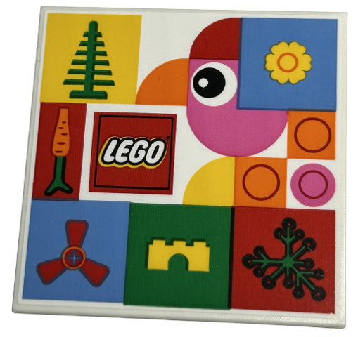 Tile 6 x 6 with Bottom Tubes with LEGO Logo, Bird with Eye and Orange Beak, Tree, Flower, Carrot, Propeller, Arch and Plant Leaves Pattern (Sticker) - Set 40574