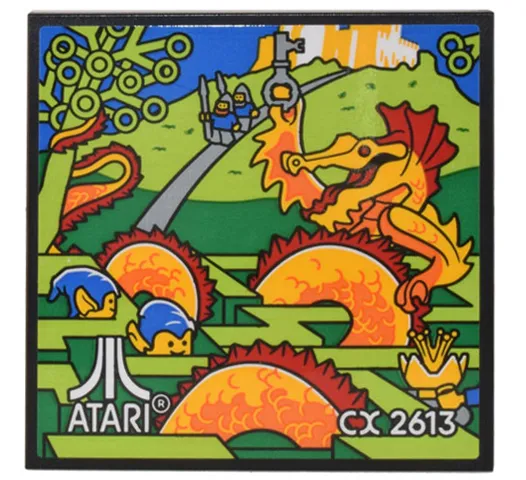 Tile 6 x 6 with Bottom Tubes, Textured Surface with Game Cartridge Dragon Holding Key, Minifigures, Maze and White 'ATARI' Logo and 'CX 2613' Pattern (Sticker) - Set 10306