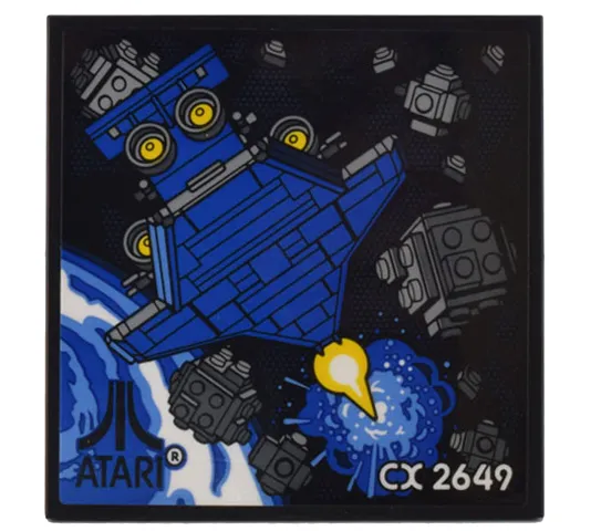 Tile 6 x 6 with Bottom Tubes, Textured Surface with Game Cartridge Blue Spaceship, Dark Bluish Gray Asteroids and Black 'ATARI' Logo and White 'CX 2649' Pattern (Sticker) - Set 10306
