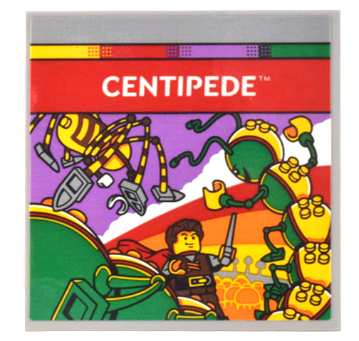 Tile 6 x 6 with Bottom Tubes with Game Cartridge White 'CENTIPEDE' on Red Banner and Minifigure Fighting Spider and Centipedes Pattern (Sticker) - Set 10306