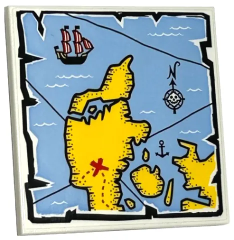 Tile 6 x 6 with Bottom Tubes, Textured Surface with Map with Bright Light Blue Water, Yellow Land, Compass Rose, Pirate Ship and Red 'X' Pattern (Sticker) - Set 40504