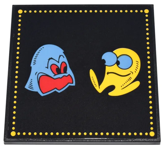 Tile 6 x 6 with Bottom Tubes, Textured Surface with Yellow PAC-MAN and Medium Blue Ghost (Inky) with Red Eyes and Open Mouth Characters and Yellow Dotted Border Pattern (Sticker) - Set 10323