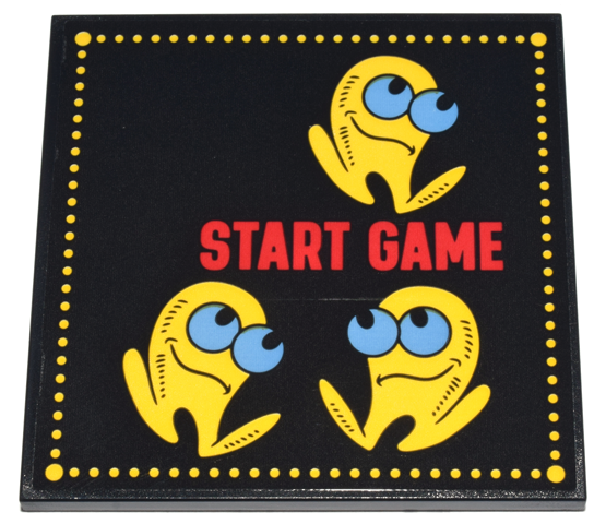 Tile 6 x 6 with Bottom Tubes with Red 'START GAME' and Yellow PAC-MAN Characters with Medium Blue Eyes and Dotted Border Pattern (Sticker) - Set 10323