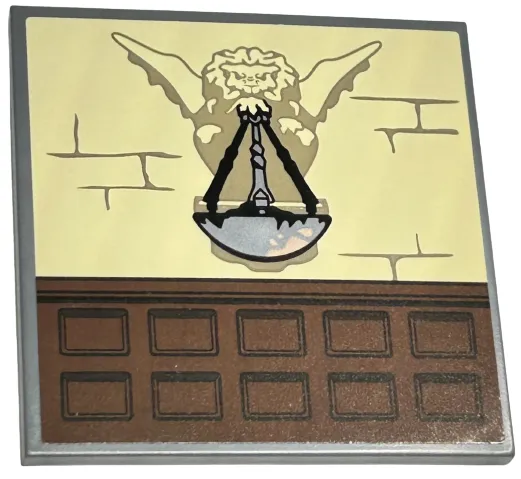 Tile 6 x 6 with Bottom Tubes, Textured Surface with Tan Brick Wall, Dark Tan Gargoyle with Silver Fire Pit and Reddish Brown Paneling Pattern (Sticker) - Set 76415