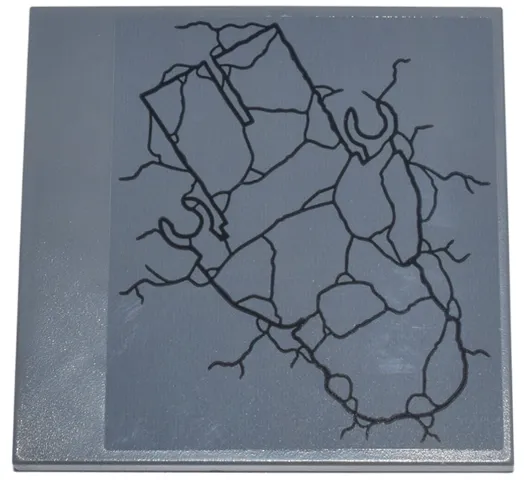 Tile 6 x 6 with Bottom Tubes, Textured Surface with Black Cracked Minifigure Outline Pattern (Sticker) - Set 76269