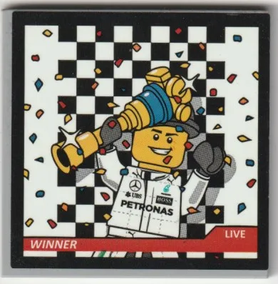 Tile 6 x 6 with Bottom Tubes, Textured Surface with 'WINNER', 'LIVE', Formula 1 Driver Minifigure, Trophy, Confetti and Checkered Background on Screen Pattern (Sticker) - Set 75883