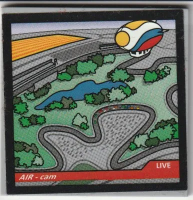 Tile 6 x 6 with Bottom Tubes, Textured Surface with 'AIR-cam', 'LIVE', Formula 1 Race Track, Lake, Trees and Airship on Screen Pattern (Sticker) - Set 75883