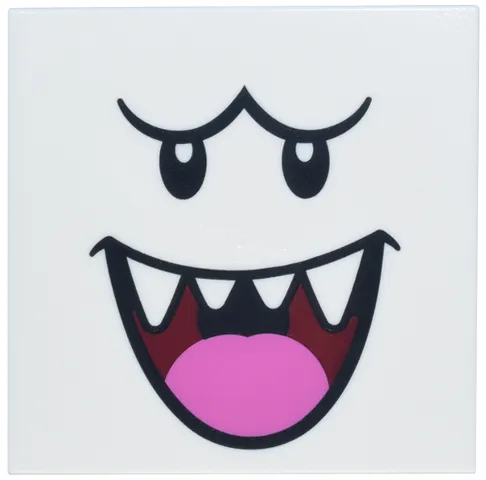 Tile 6 x 6 with Bottom Tubes, Textured Surface with Black Eyes and Eyebrows, Dark Red Open Mouth Smile with Sharp Teeth and Dark Pink Tongue Pattern (Super Mario King Boo Face)